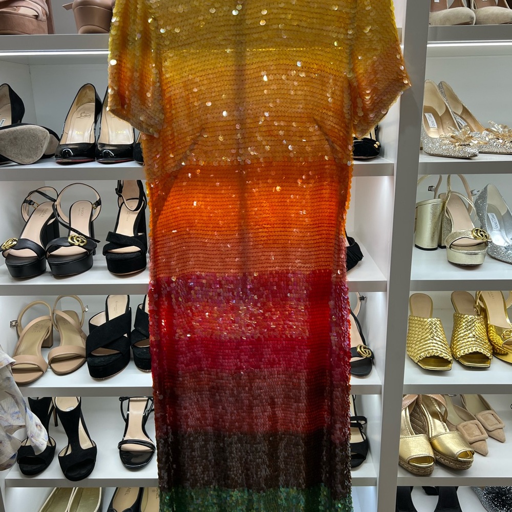 Ashish Gold and Orange green Sequin Embellished midi dress Gown size small